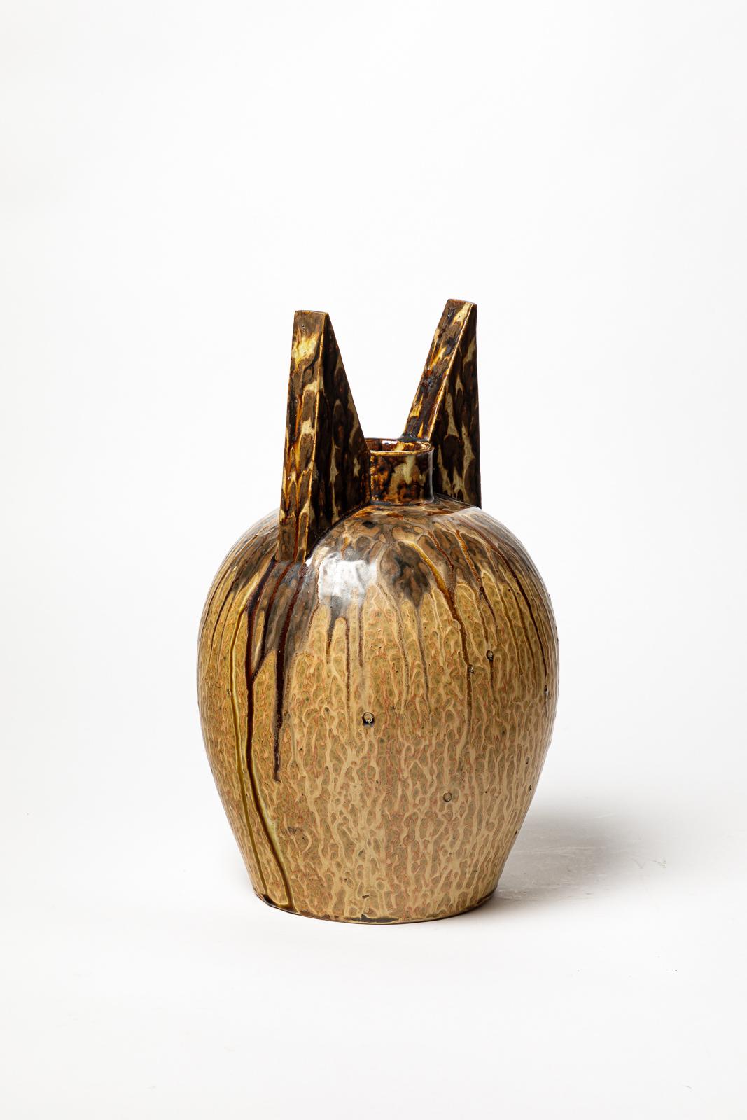 Art Déco vaso in ceramica art déco nero e marrone di Joseph Talbot La Borne 37 cm 1940 in vendita
