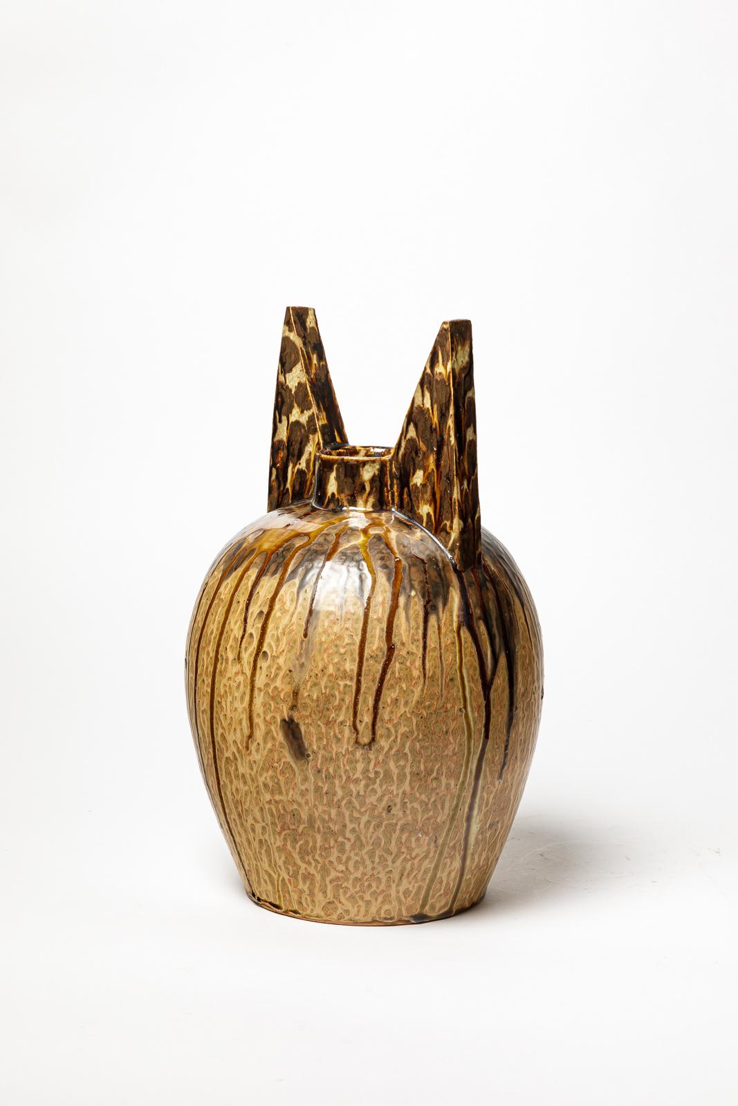 Francese vaso in ceramica art déco nero e marrone di Joseph Talbot La Borne 37 cm 1940 in vendita