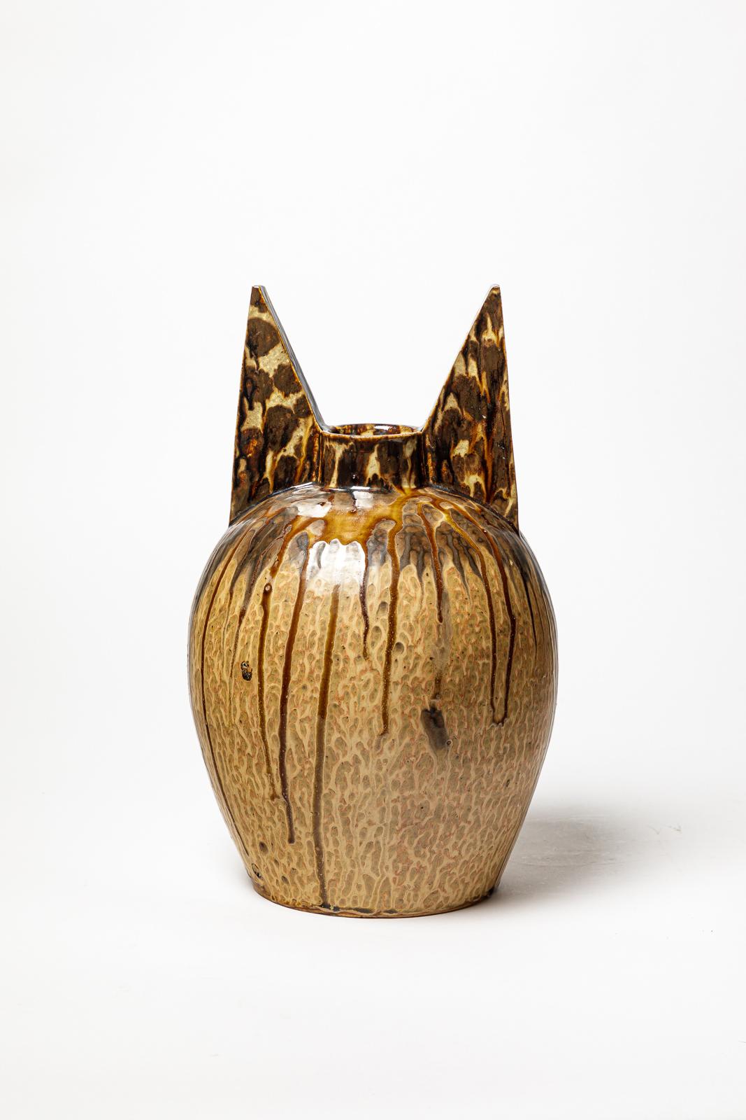 vaso in ceramica art déco nero e marrone di Joseph Talbot La Borne 37 cm 1940 In condizioni ottime in vendita a Neuilly-en- sancerre, FR