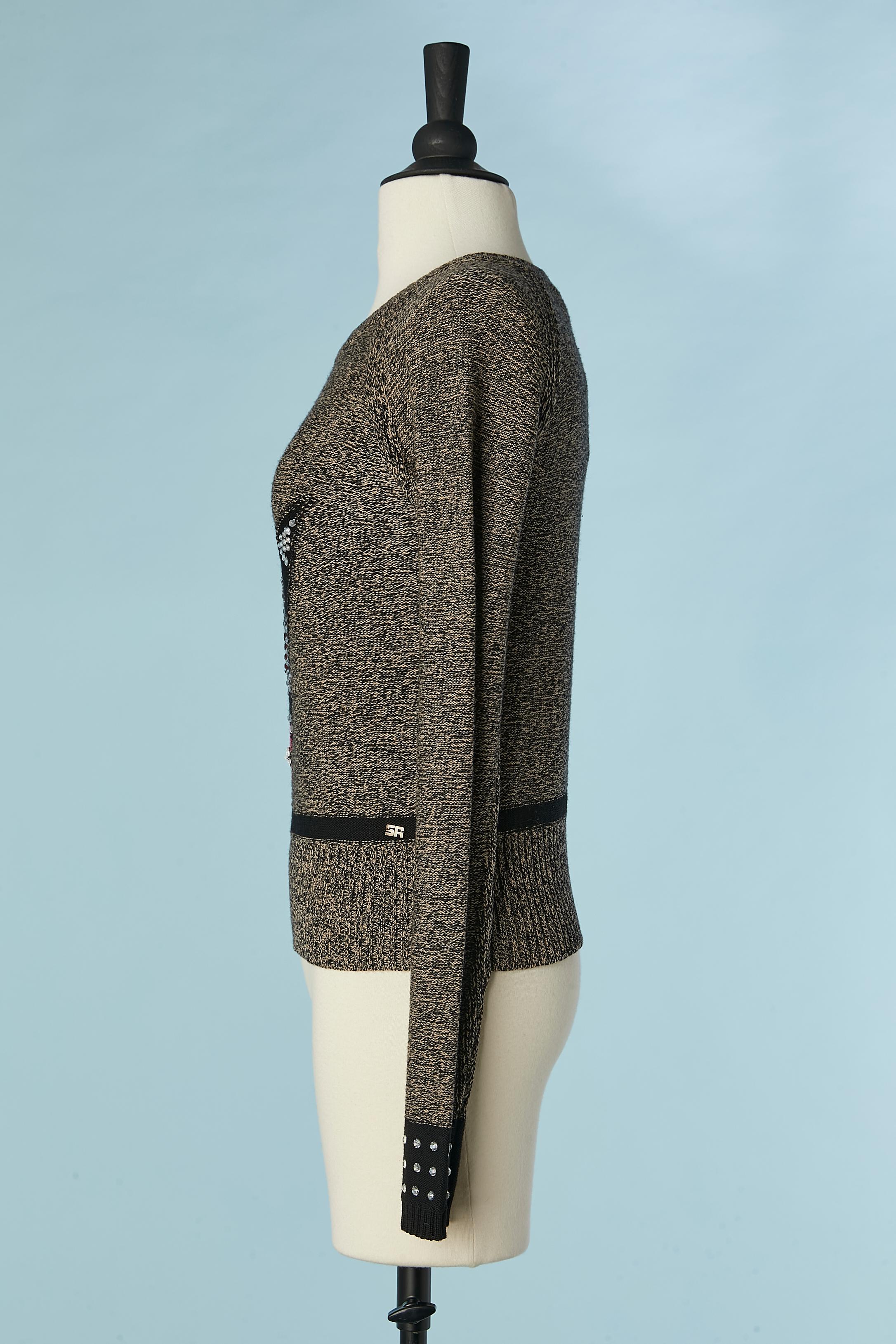 Pull en chiné noir et marron avec visage d'animal et strass Sonia Rykiel Pour femmes en vente