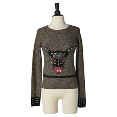 Pull en chiné noir et marron avec visage d'animal et strass Sonia Rykiel