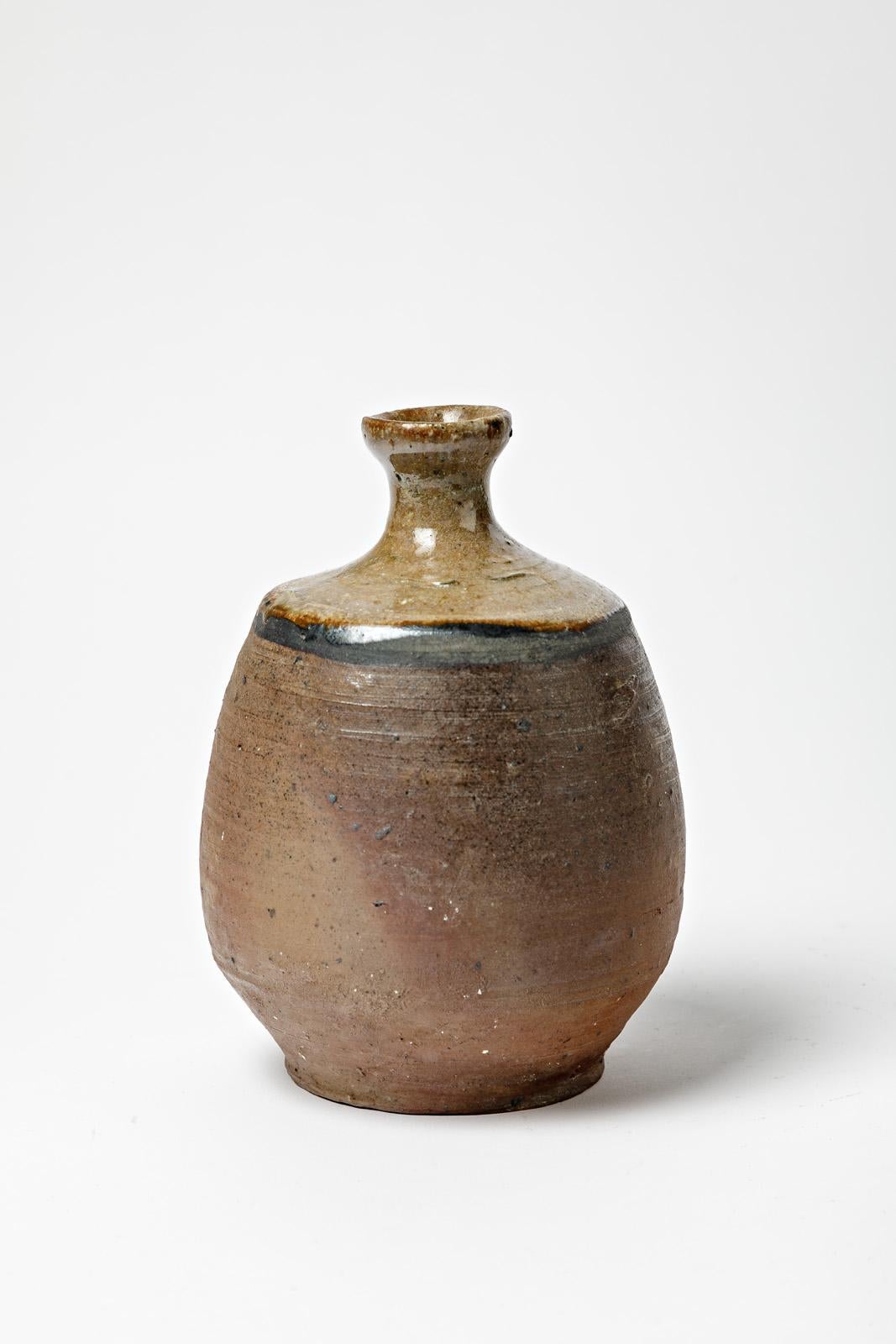 French Black and brown design 20th century stoneware ceramic vase La Borne 1970 signed For Sale