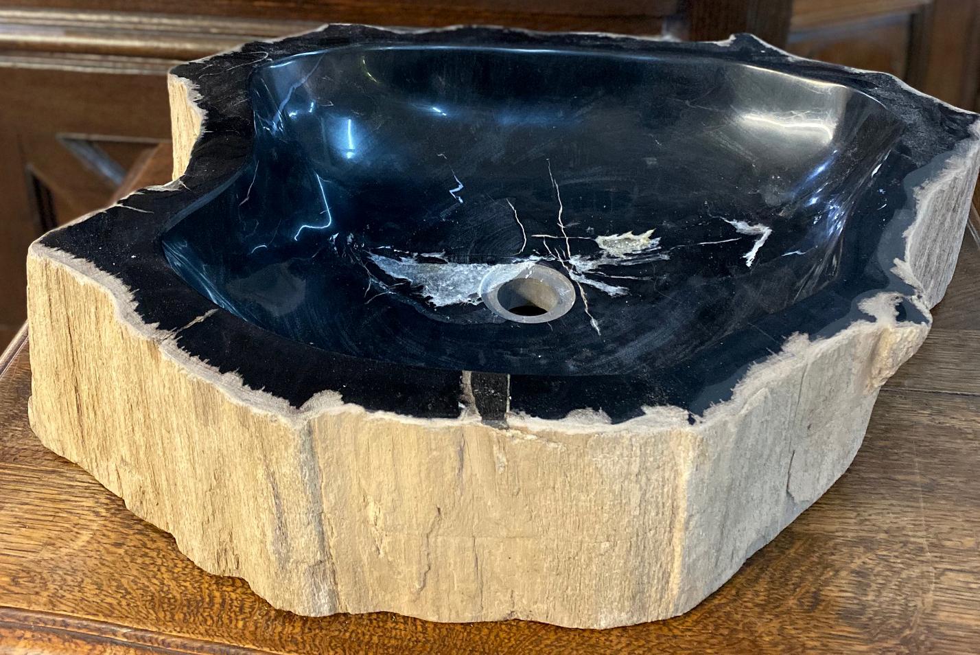 A single petrified wood wash basin. Petrified wood is a fossil, and over time, the wood becomes sturdy and dense -- making it as heavy as marble. The basin is mostly black, with various warm brown tones being the primary color palette around the