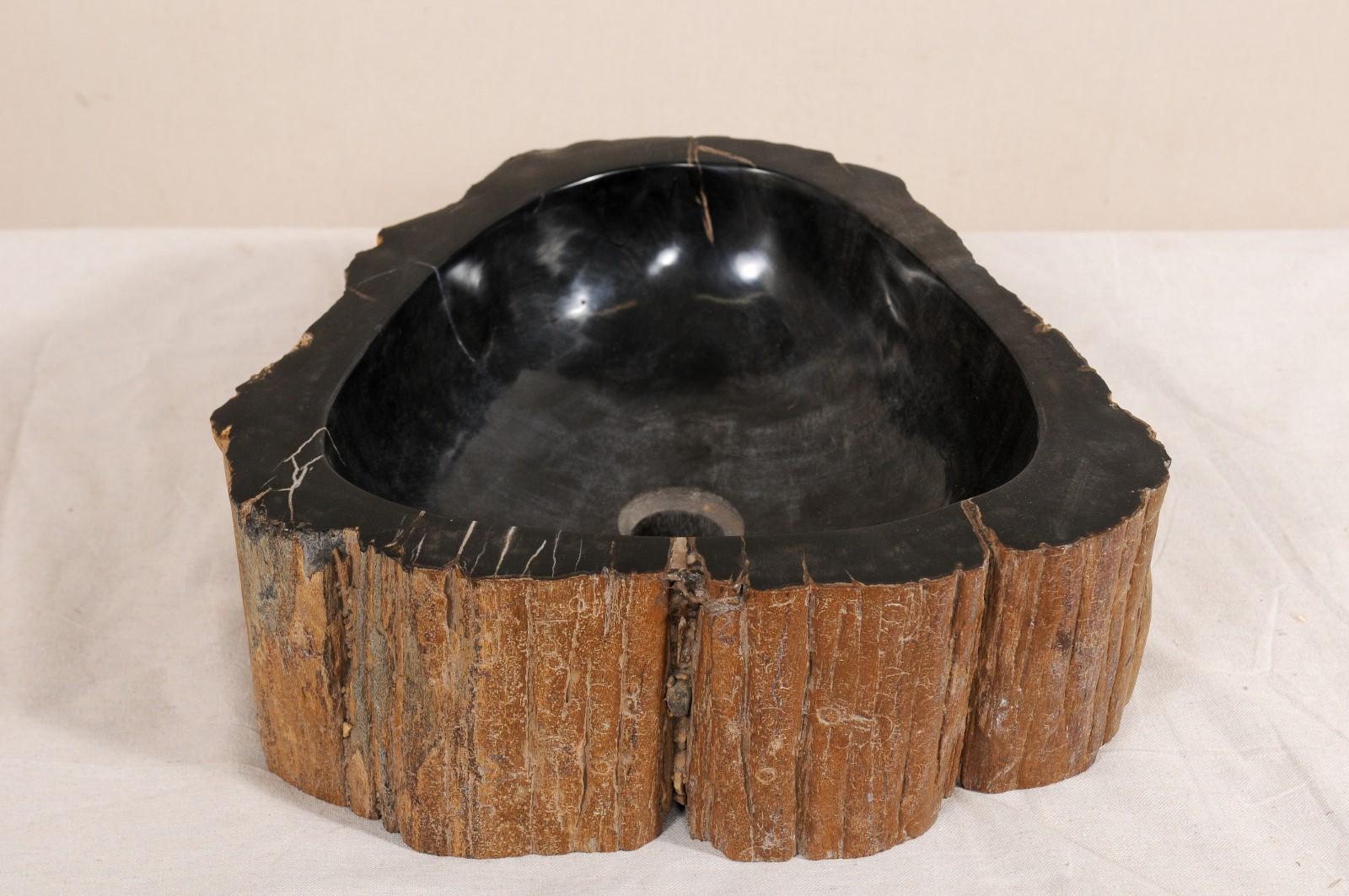 A single petrified wood wash basin. This petrified wood sink has a polished finish basin, making for easy clean-up, surrounded by an unpolished, natural textured exterior. Petrified wood is a fossil, and over time, the wood becomes so sturdy and