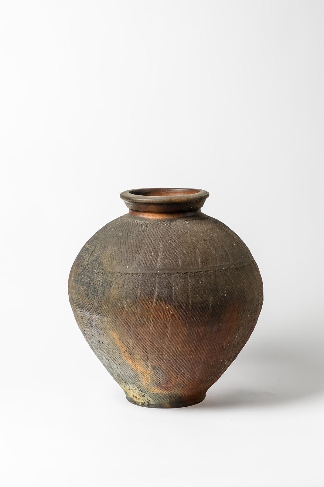 Français Vase de sol en céramique de grès noir et marron du 20ème siècle par Steen Kepp 1975 en vente
