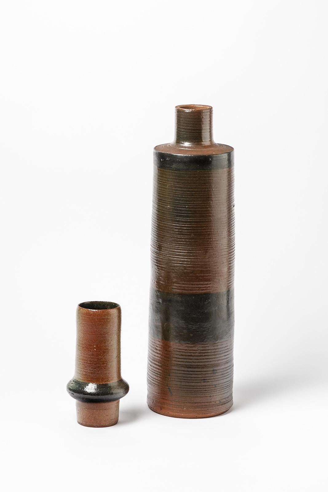 20th Century Black and Brown XXth Century Stoneware Ceramic Vase by Nicole Giroud 1970 Design For Sale