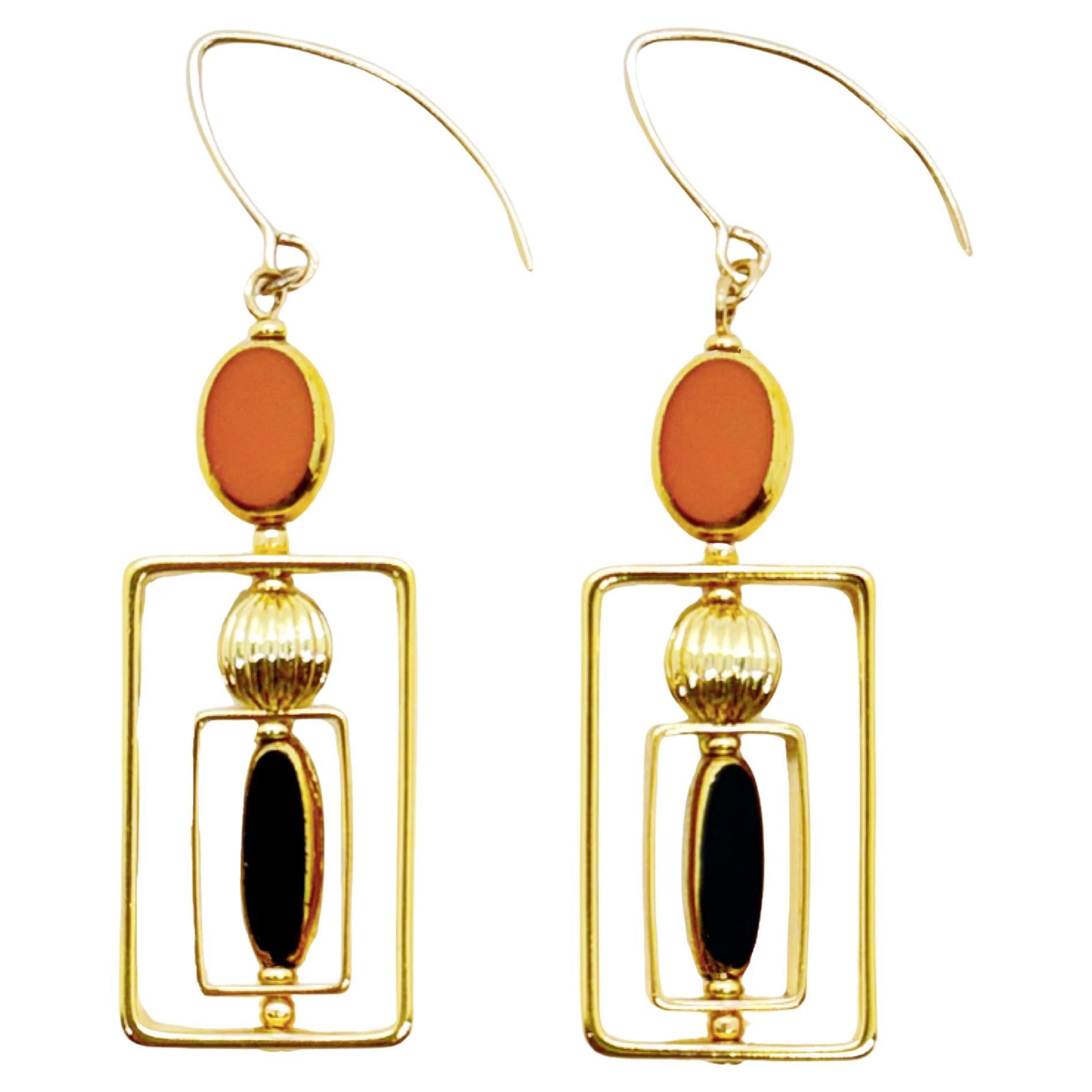 Black And Caramel Vintage German Glass Beads, Art Deco 2418E Earrings For Sale