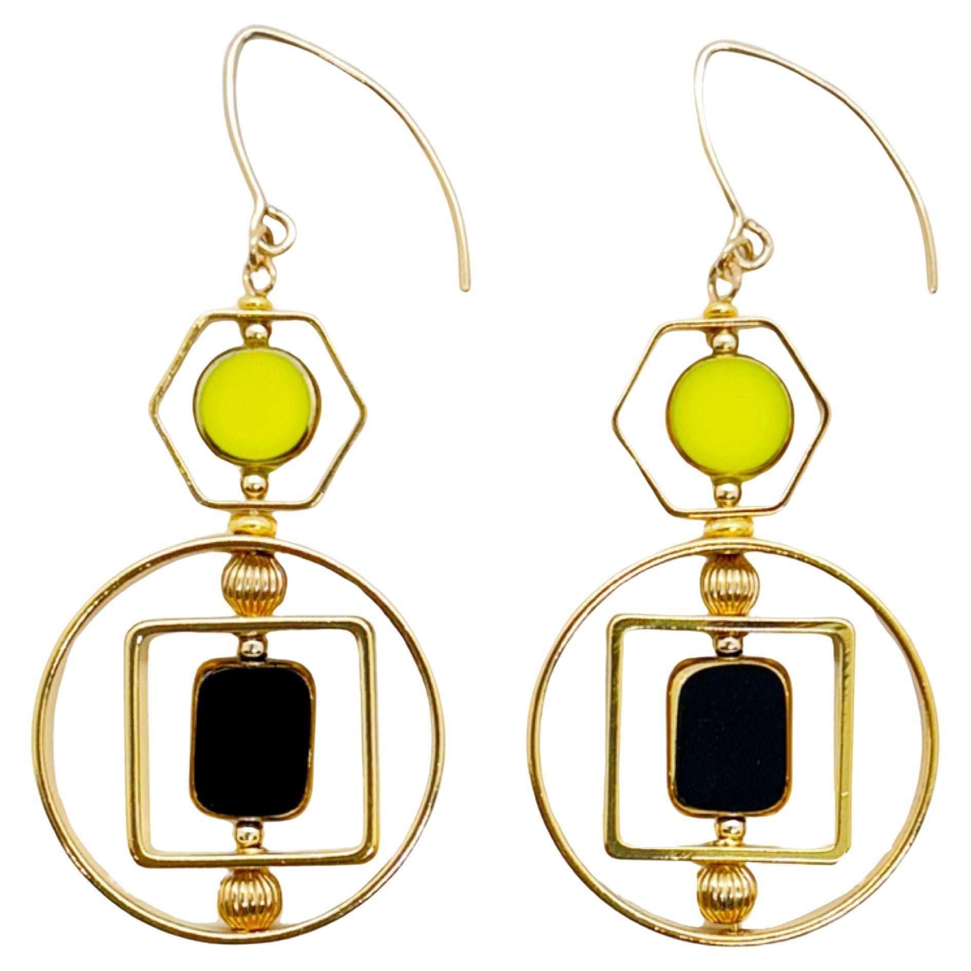 Black And Chartreuse Vintage German Glass Beads, Art Deco 2420E Earrings For Sale