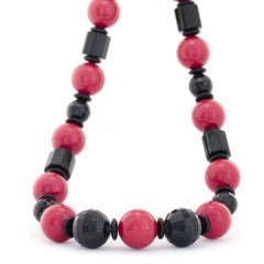 Black and Cherry Red Plastic Beaded Necklace