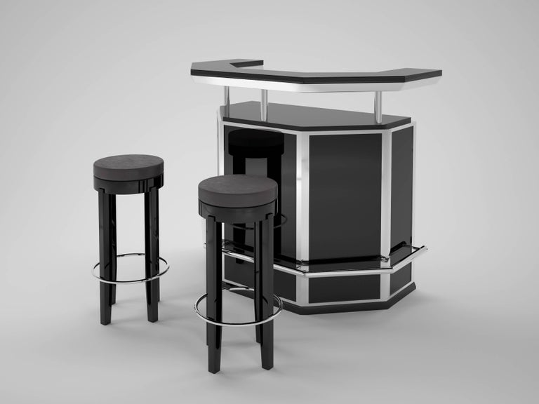 Black and Chrome Art Deco Bar with Stooling For Sale at 1stdibs