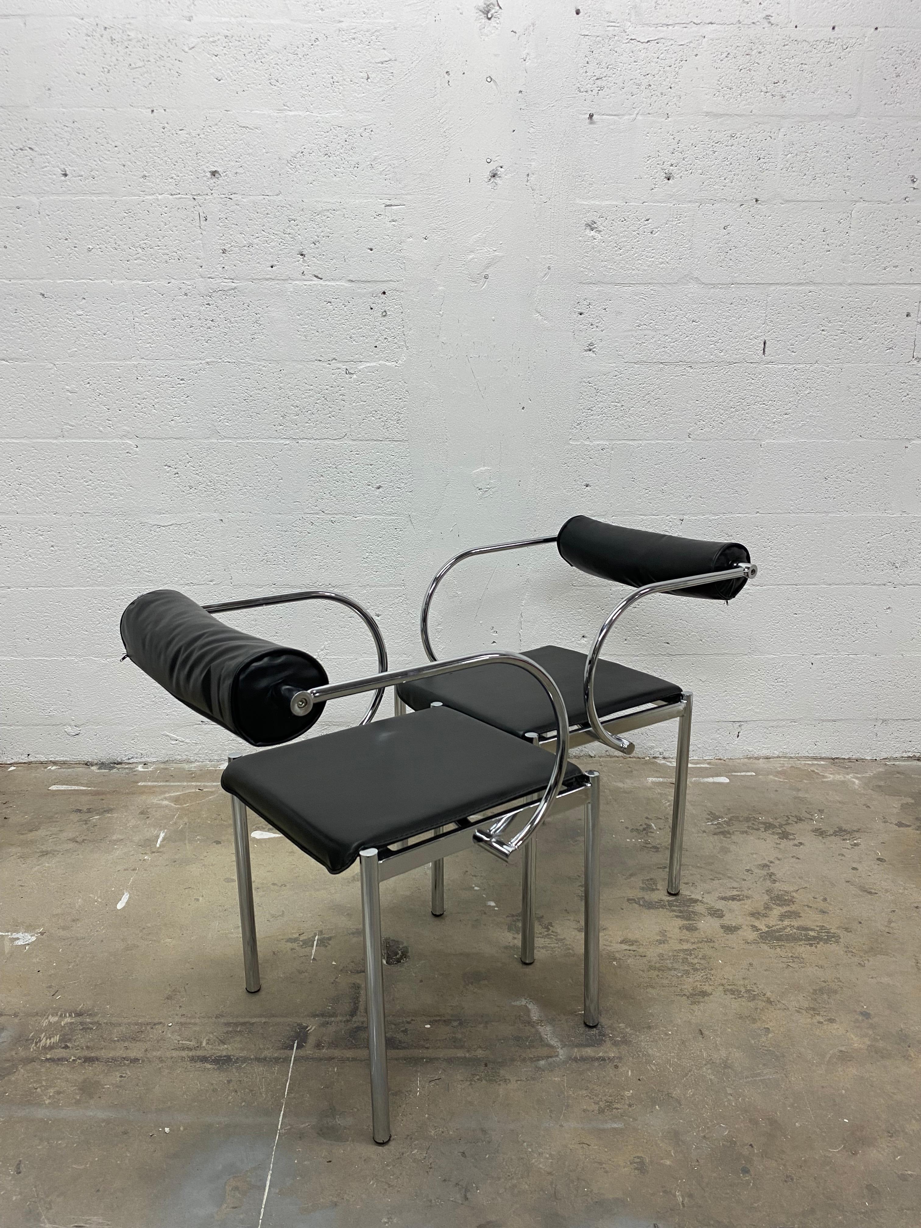 Faux Leather Black and Chrome Postmodern Chairs - a Pair