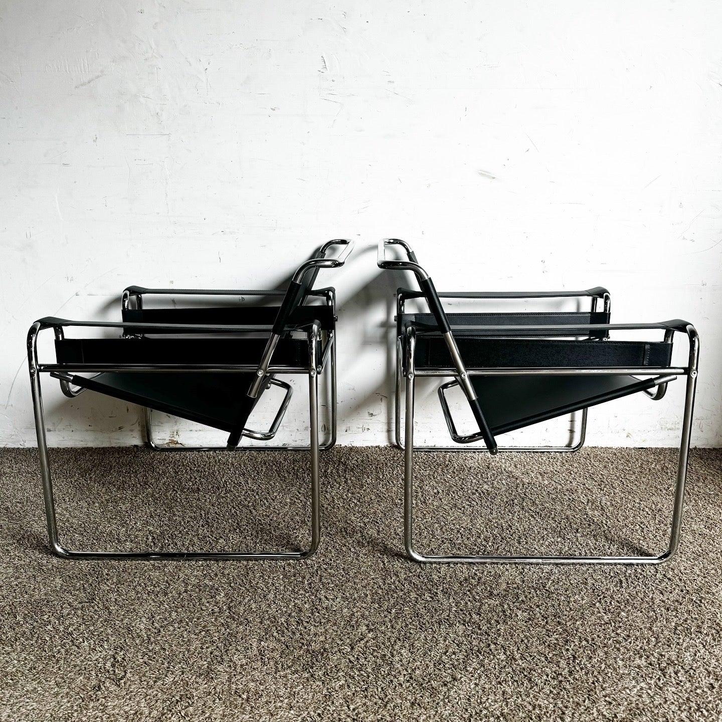 Discover the Black and Chrome Wassily Chairs, featuring sleek chrome frames and black leather straps, inspired by Marcel Breuer's iconic design.
 
 Minor wear to the vinyl as shown in the photos.
 
 We sell items as acquired, without restoring or