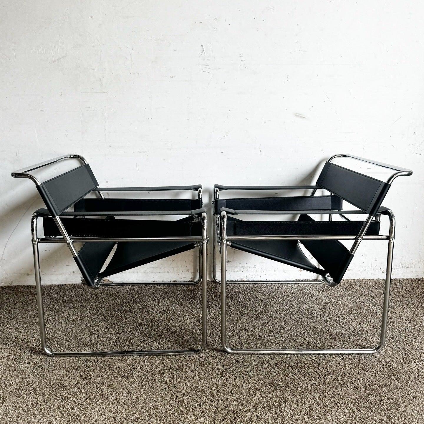American Black and Chrome Wassily Style Lounge Chairs - a Pair
