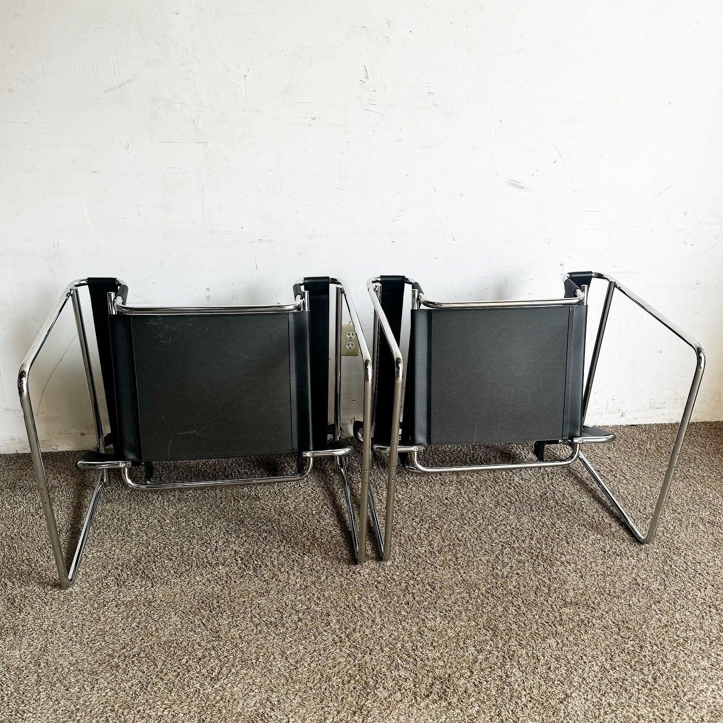 Late 20th Century Black and Chrome Wassily Style Lounge Chairs - a Pair