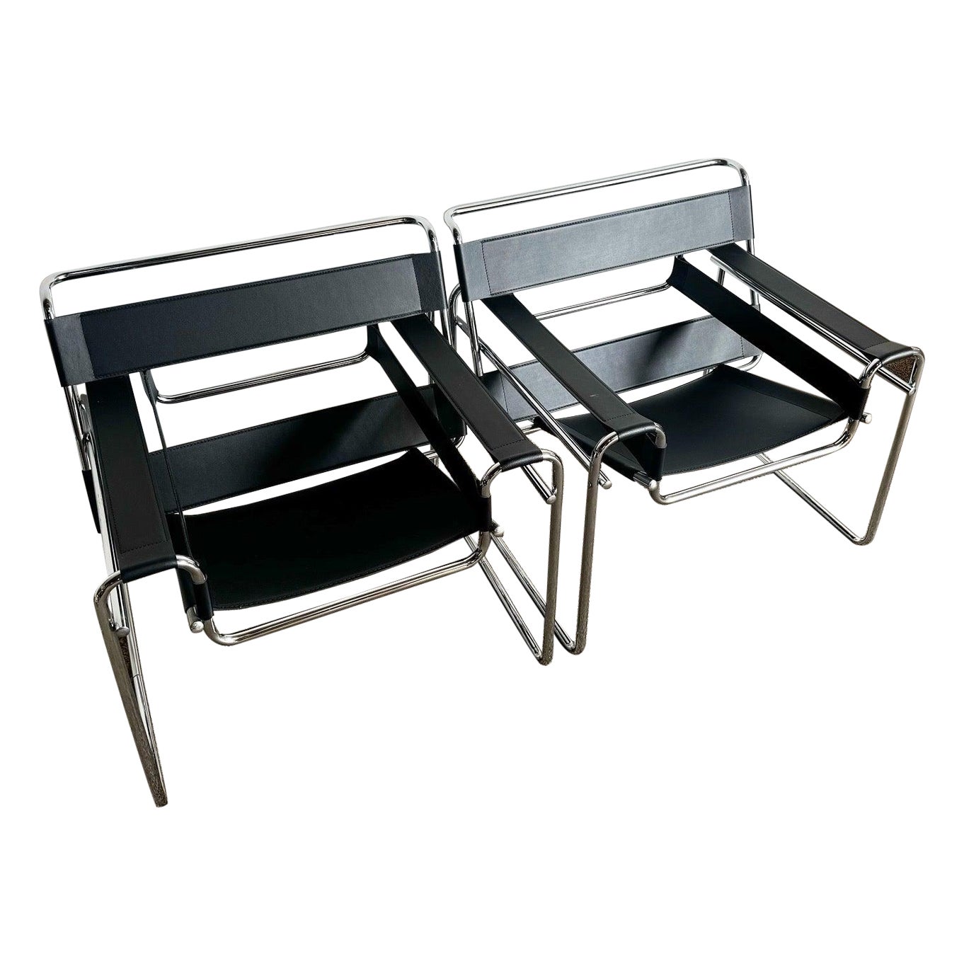 Black and Chrome Wassily Style Lounge Chairs - a Pair