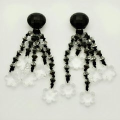 Black and Clear Glass Silver Tone Clip On Chandelier Statement Earrings 1960s
