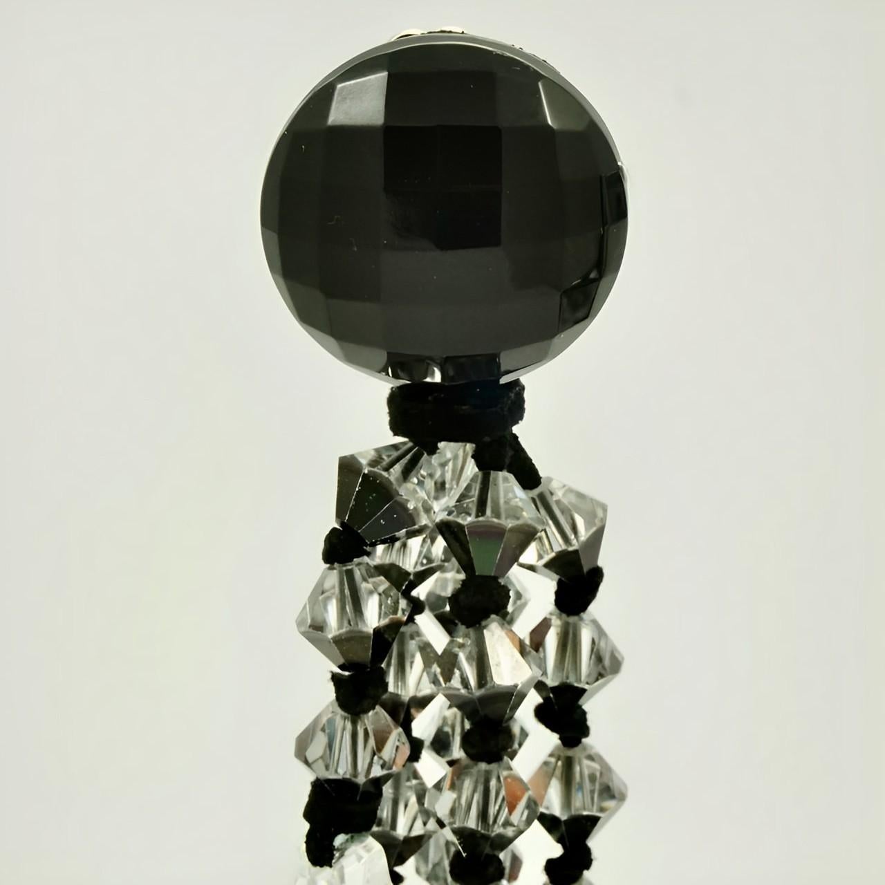 Black and Clear Glass Silver Tone Clip On Chandelier Statement Earrings 1960s In Good Condition For Sale In London, GB