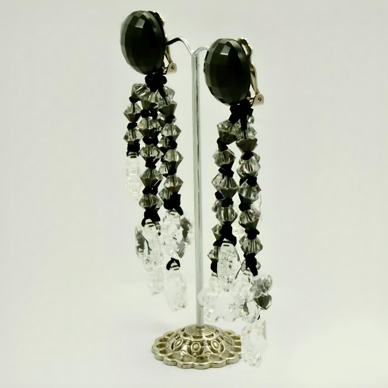 Black and Clear Glass Silver Tone Clip On Chandelier Statement Earrings 1960s For Sale 1