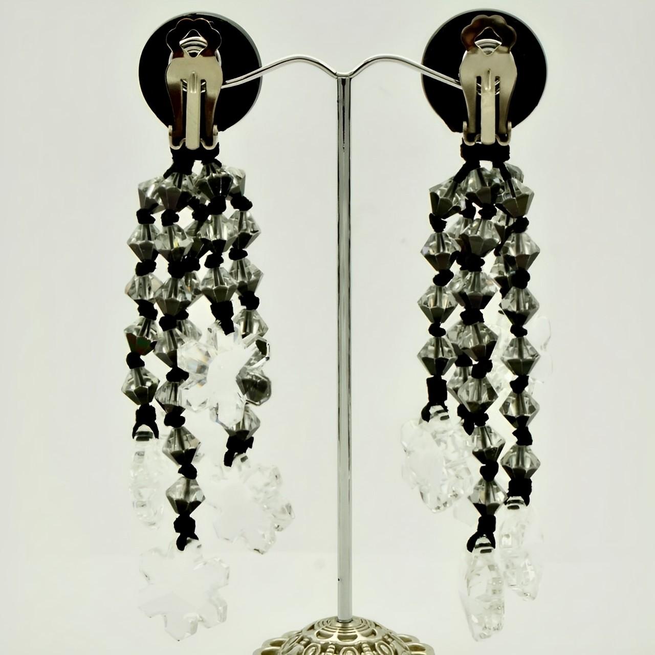 Black and Clear Glass Silver Tone Clip On Chandelier Statement Earrings 1960s For Sale 2