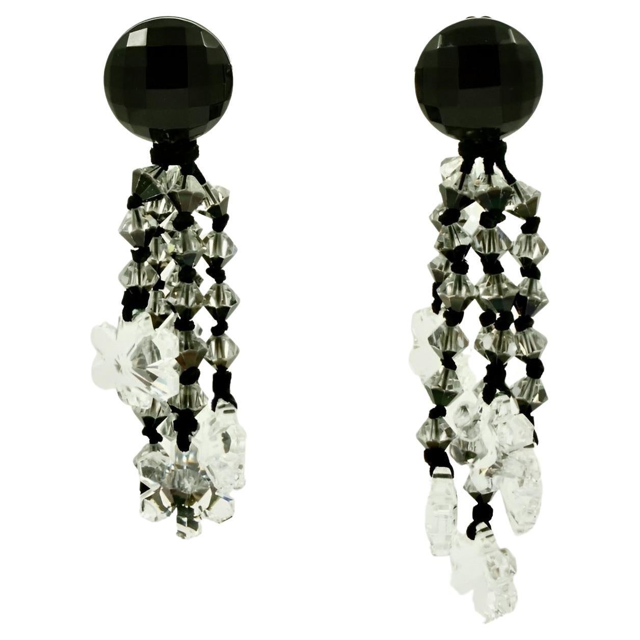 Black and Clear Glass Silver Tone Clip On Chandelier Statement Earrings 1960s For Sale