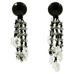 Retro Black and Clear Glass Silver Tone Clip On Chandelier Statement Earrings 1960s