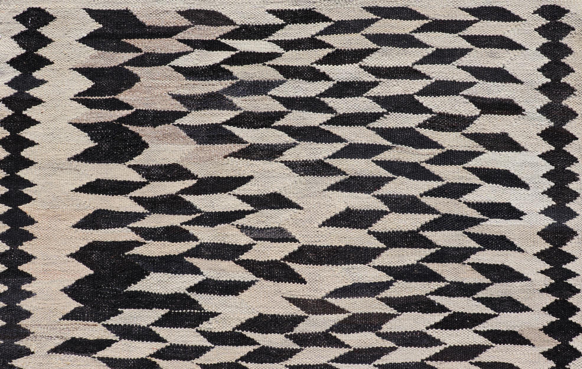 Black and Cream Checkered Kilim with Tribal Motif Modern Kilim 3