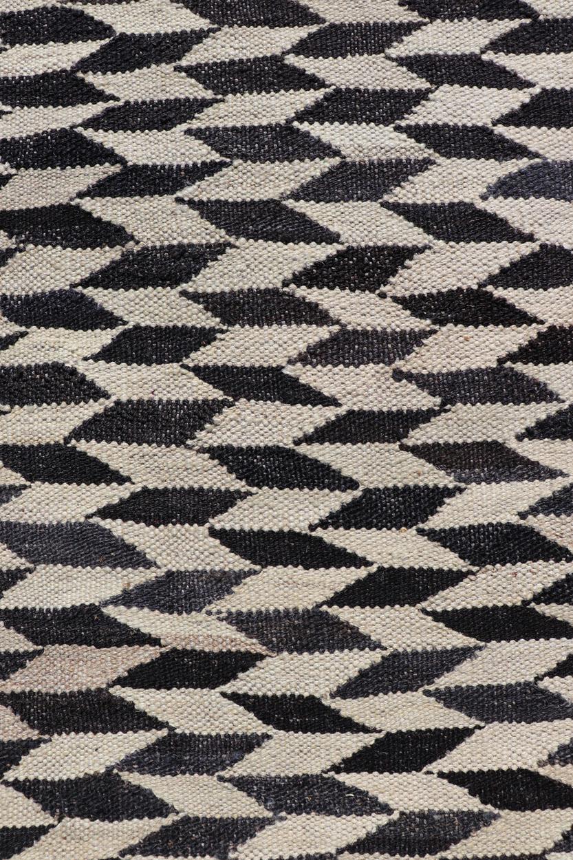 Black and Cream Checkered Kilim with Tribal Motif Modern Kilim 4