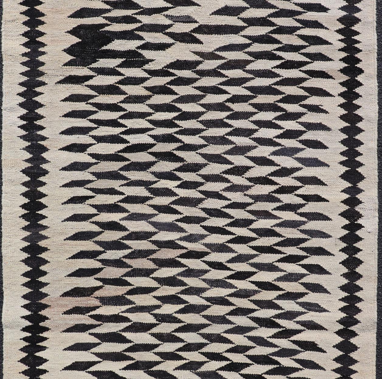 Hand-Woven Black and Cream Checkered Kilim with Tribal Motif Modern Kilim
