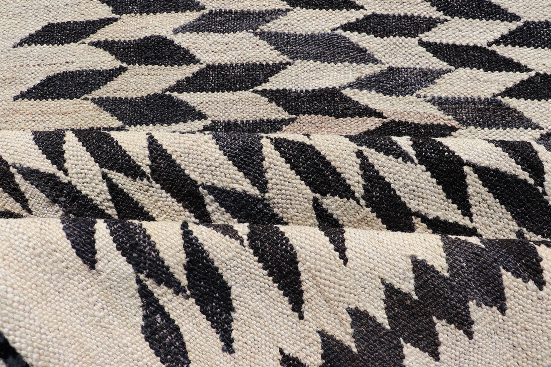 Contemporary Black and Cream Checkered Kilim with Tribal Motif Modern Kilim