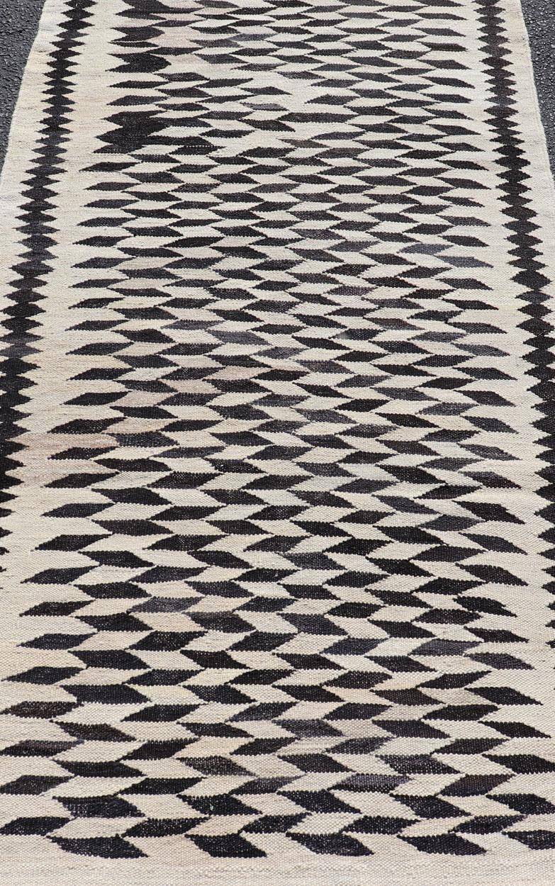Wool Black and Cream Checkered Kilim with Tribal Motif Modern Kilim