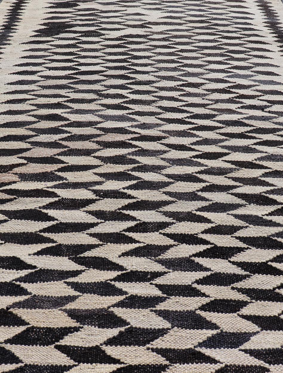 Black and Cream Checkered Kilim with Tribal Motif Modern Kilim 1