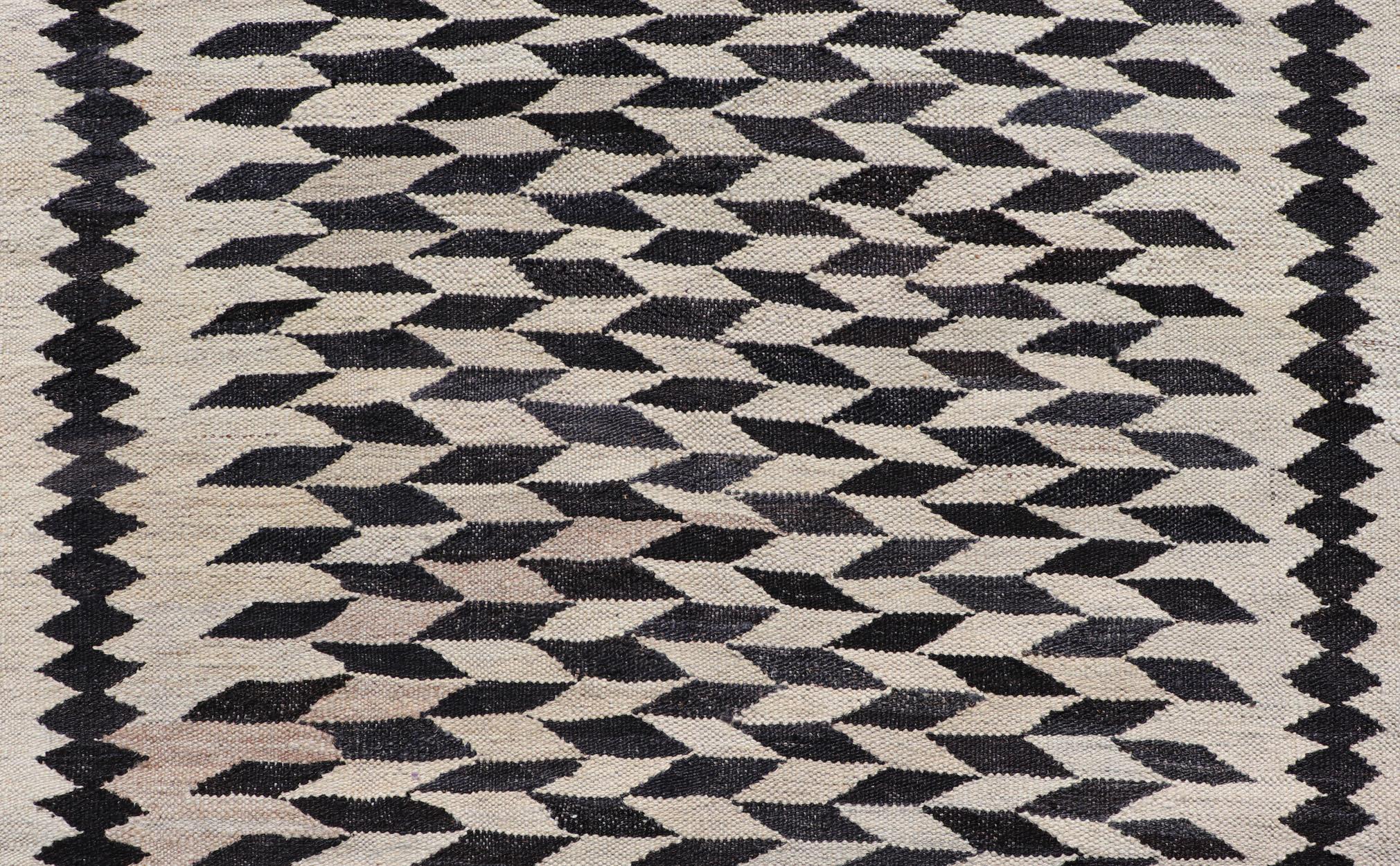 Black and Cream Checkered Kilim with Tribal Motif Modern Kilim 2