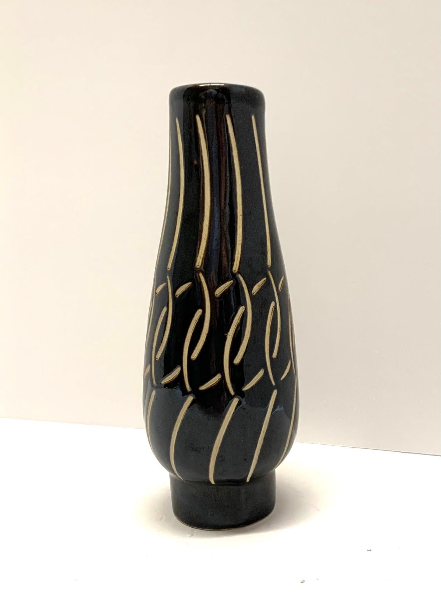 Mid century East German vase
Black and cream decorative design
Part of a large collection.
