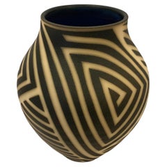 Black And Cream Geometric Stripe Urn Shaped Stoneware Vase, USA, Contemporary