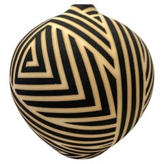 Black and Cream Maze Design Round Porcelain Vessel, USA, Contemporary