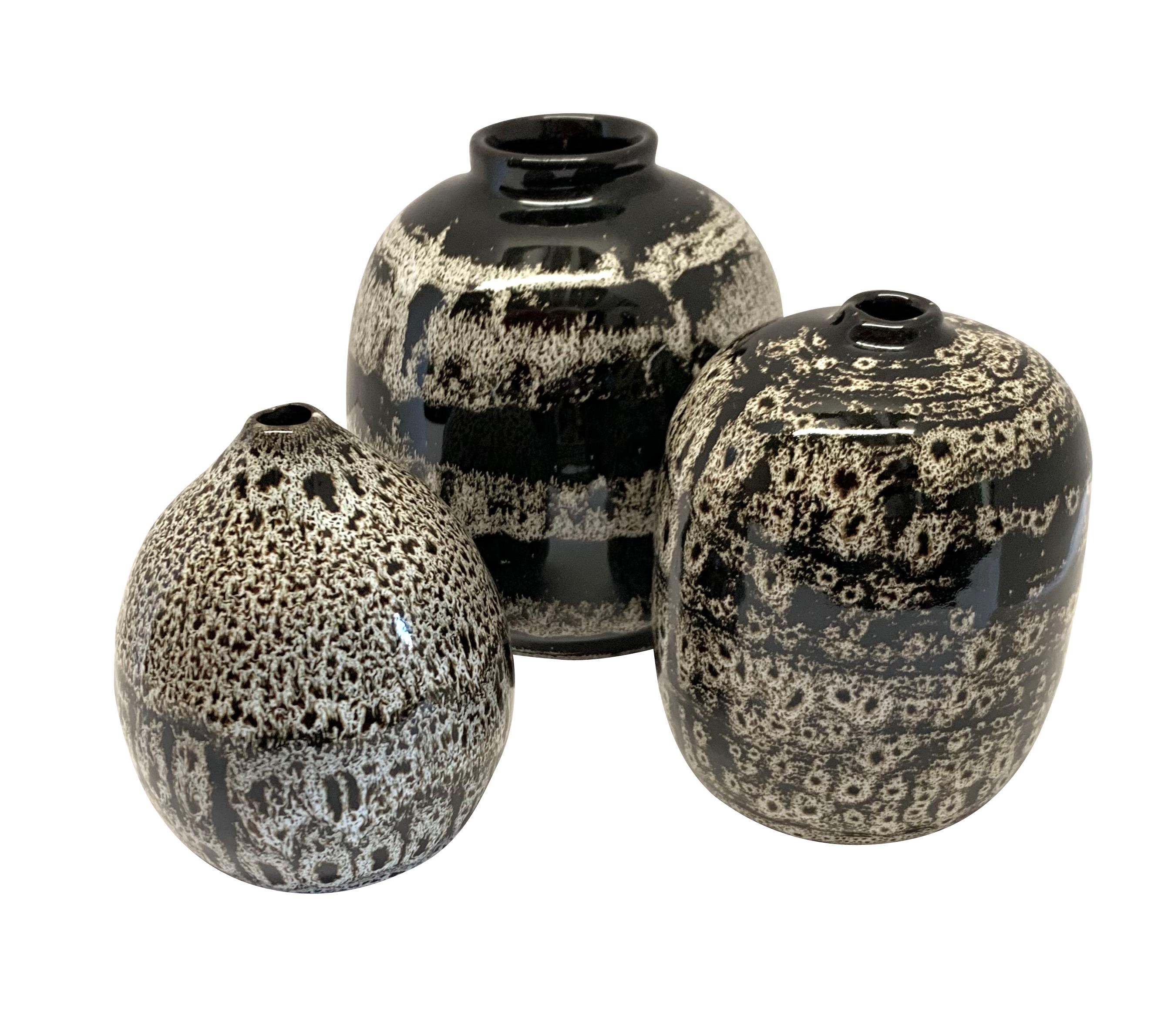 Ceramic Black and Cream Speckled Horizontal Stripe Vase, China, Contemporary