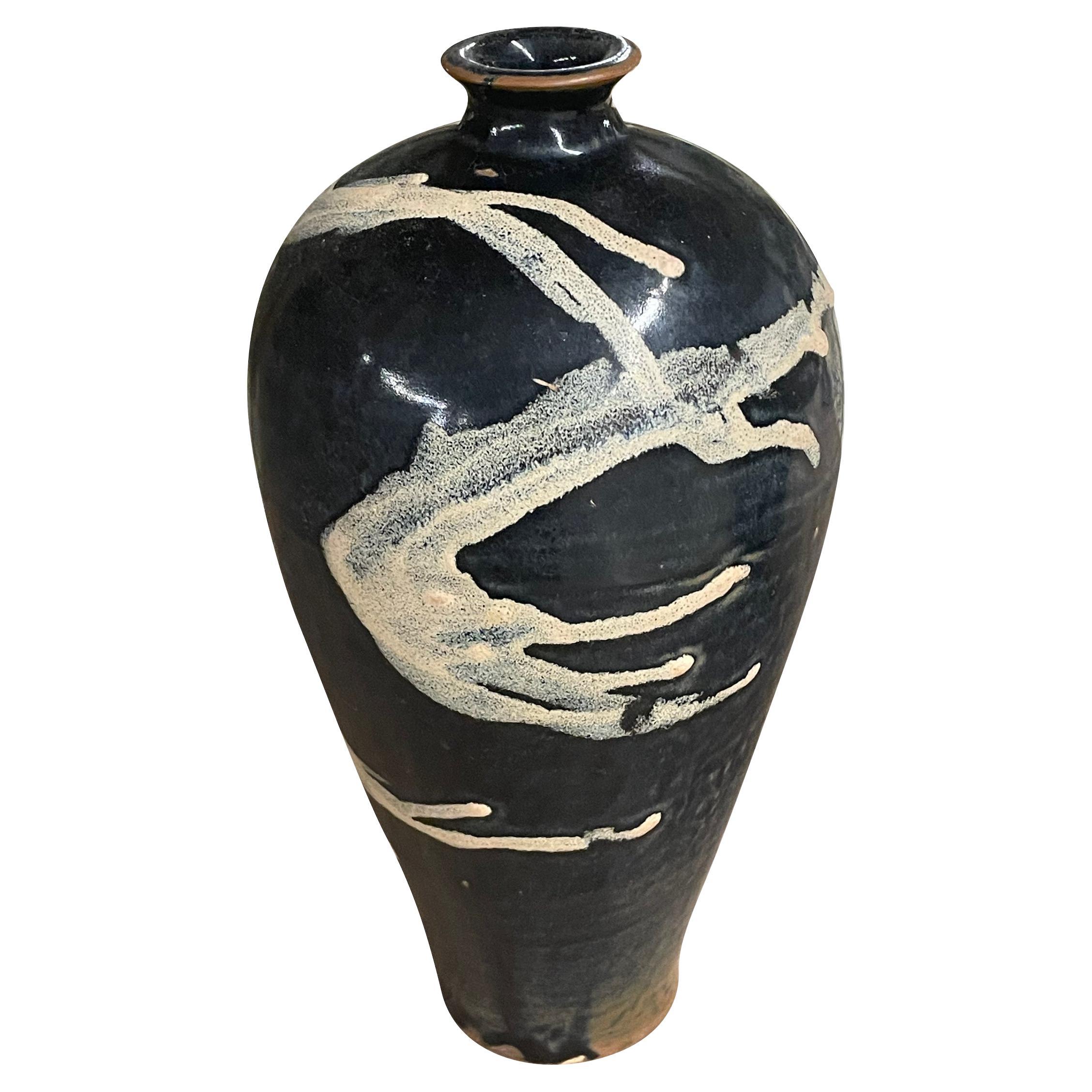 Black And Cream Splatter Design Ceramic Tall Vase, China, Contemporary For Sale