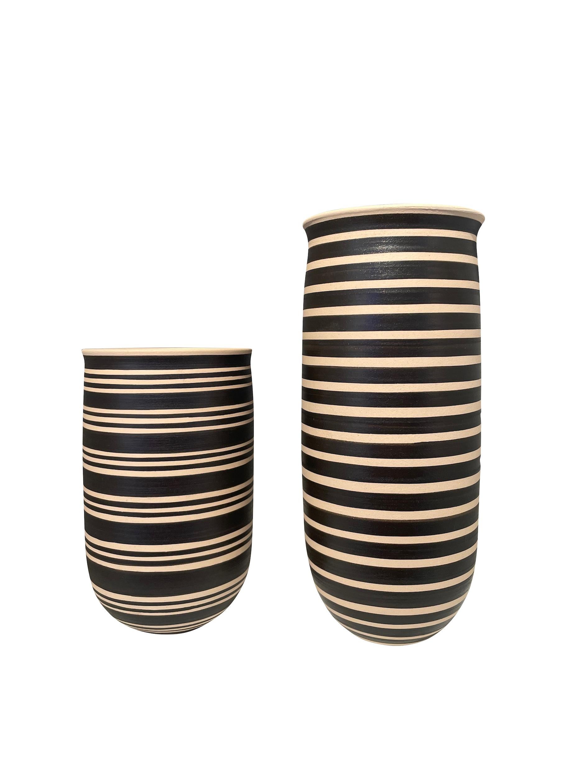 Black And Cream Tall Wide Band Stripe Vase, Turkey, Contemporary In New Condition For Sale In New York, NY