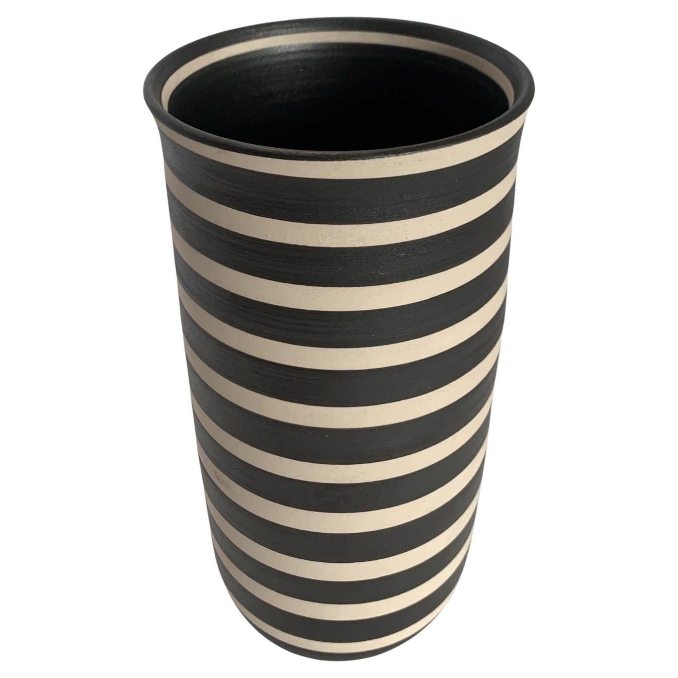 Black And Cream Tall Wide Band Stripe Vase, Turkey, Contemporary For Sale