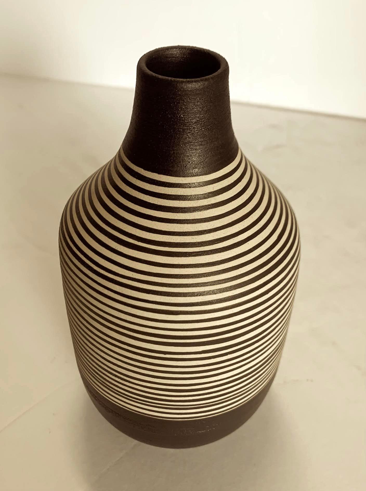 Chinese Black And Cream Thin Striped Vase, Turkey, Contemporary For Sale