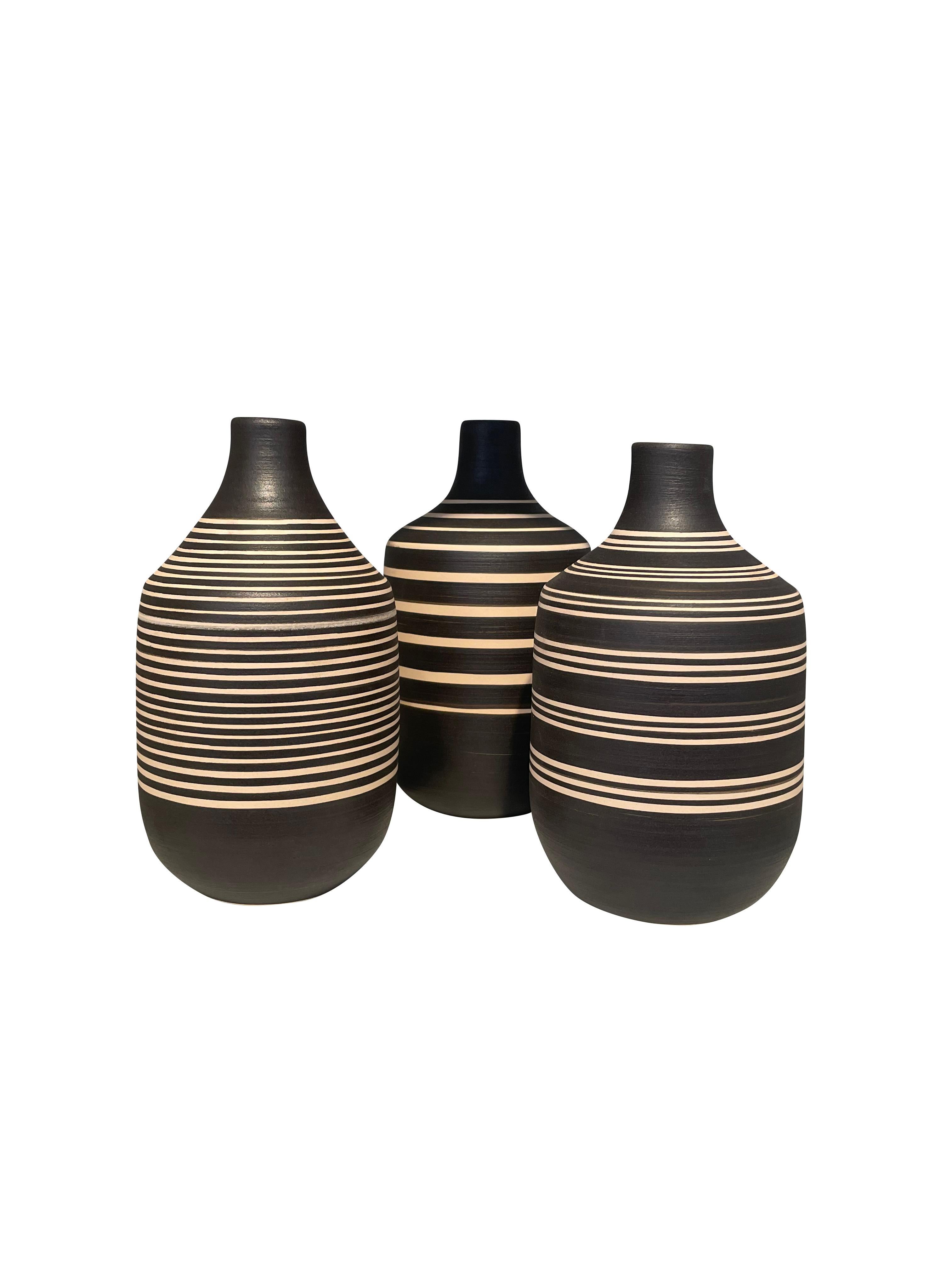 Ceramic Black And Cream Thin Striped Vase, Turkey, Contemporary For Sale