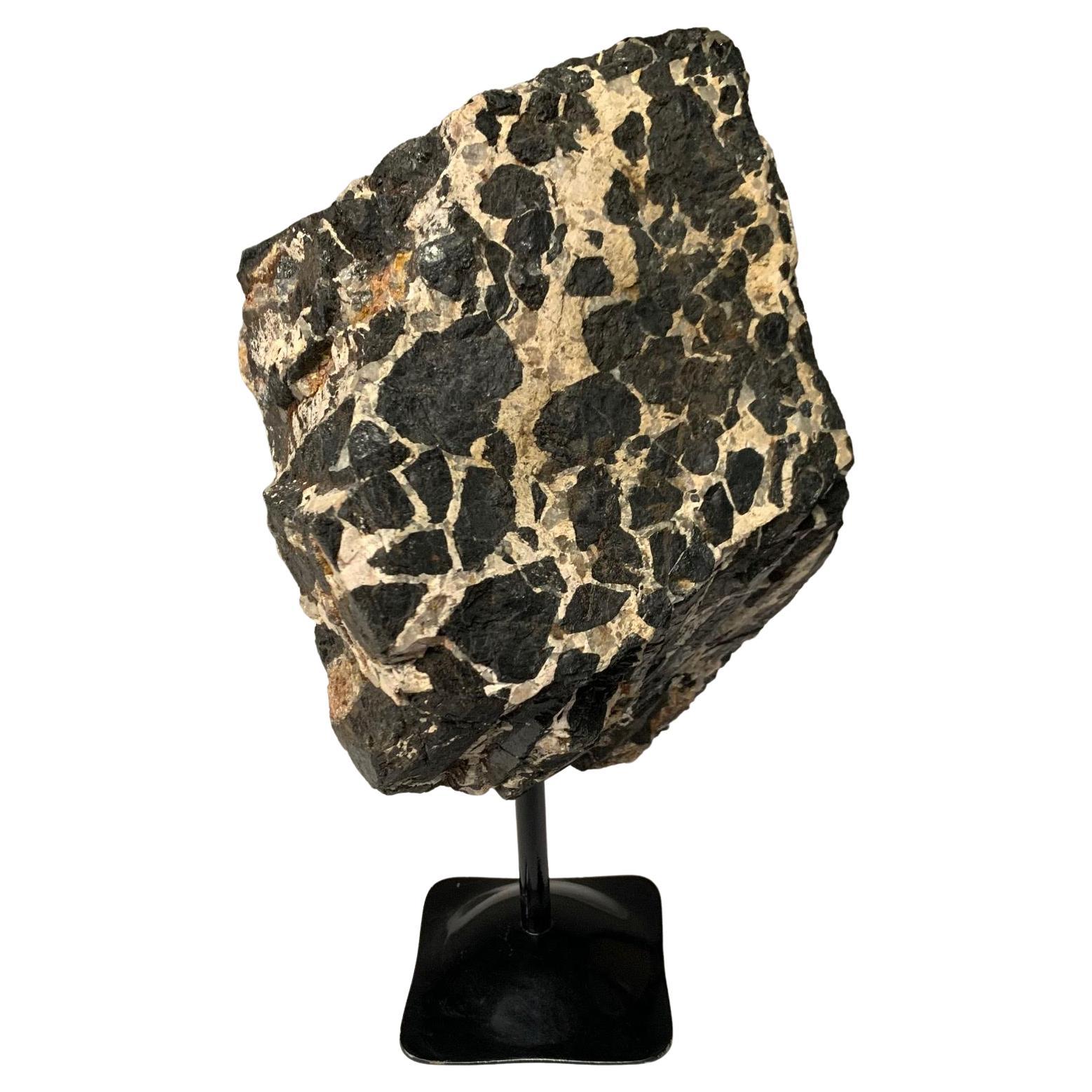 Black and Cream Tourmaline Stone Sculpture on Stand, Brazil, Prehistoric