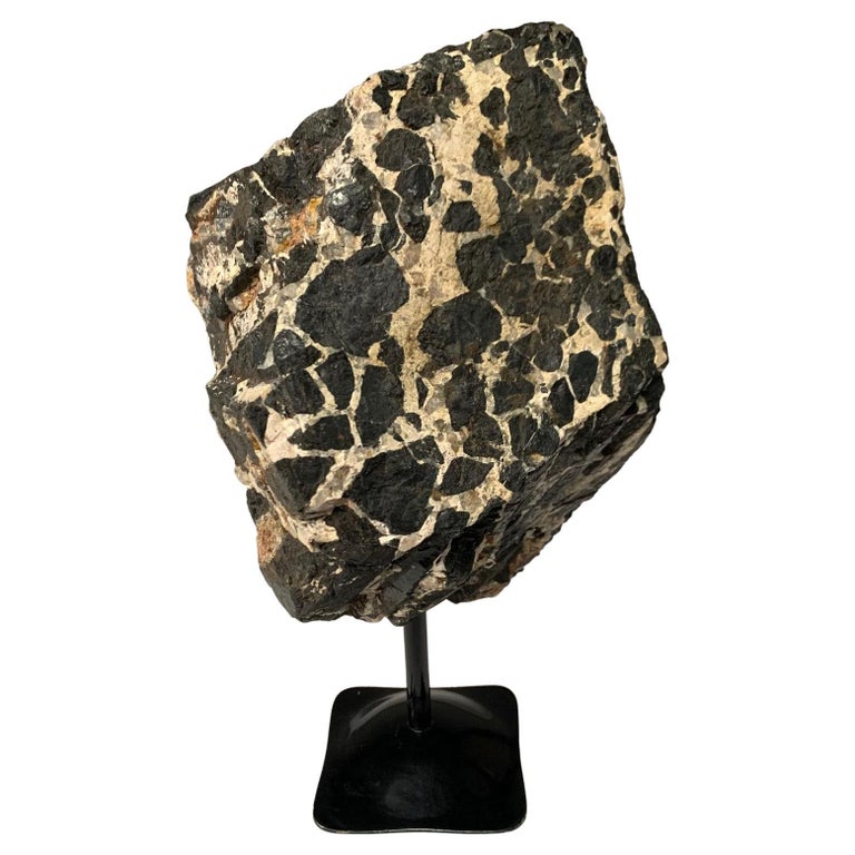 Black and Cream Tourmaline Stone Sculpture on Stand, Brazil, Prehistoric For Sale