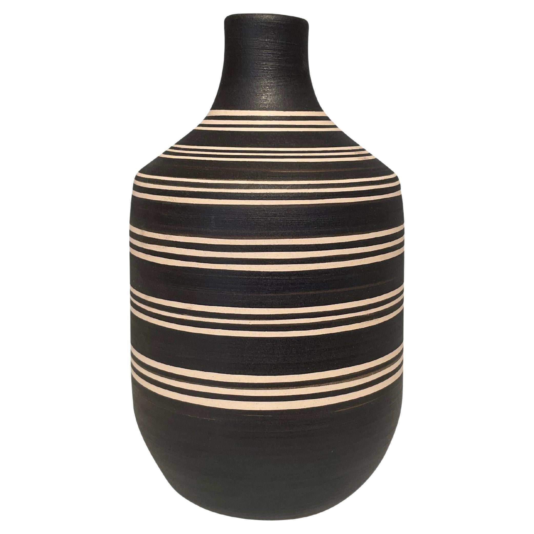 Black And Cream Triple Band Stripe Vase, China, Contemporary For Sale