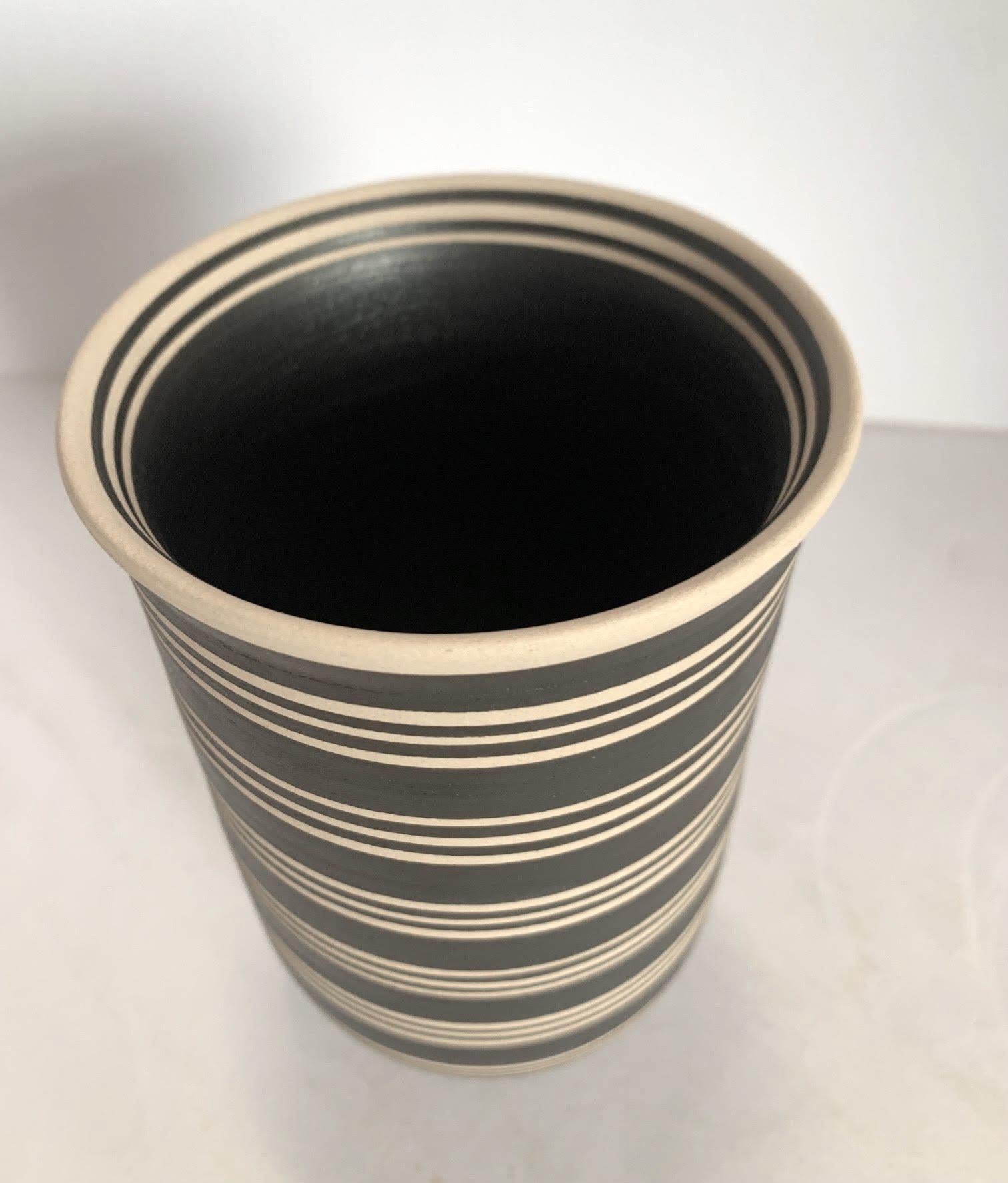 Turkish Black And Cream Triple Band Stripe Wide Opening Vase, Turkey, Contemporary For Sale