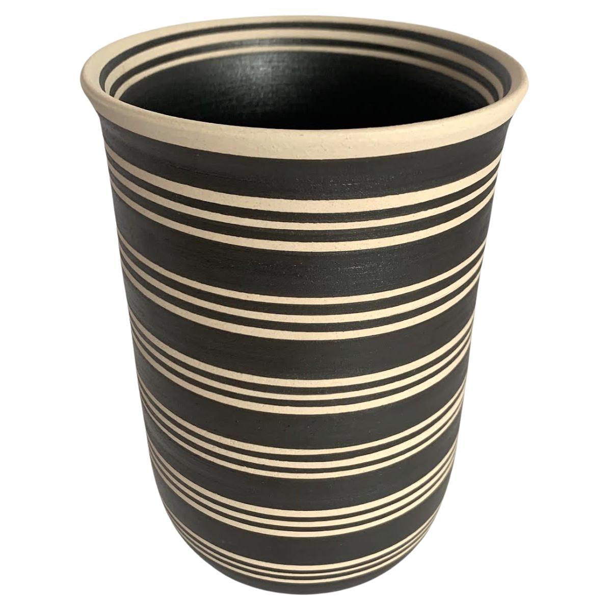 Black And Cream Triple Band Stripe Wide Opening Vase, Turkey, Contemporary For Sale