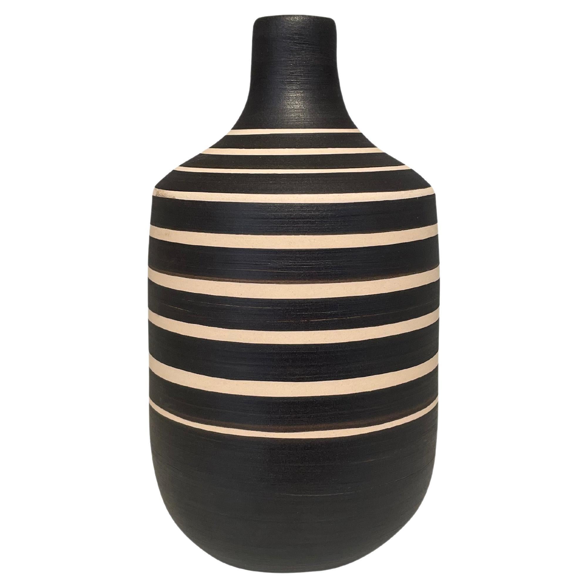 Black And Cream Wide Band Stripe Vase, China, Contemporary For Sale