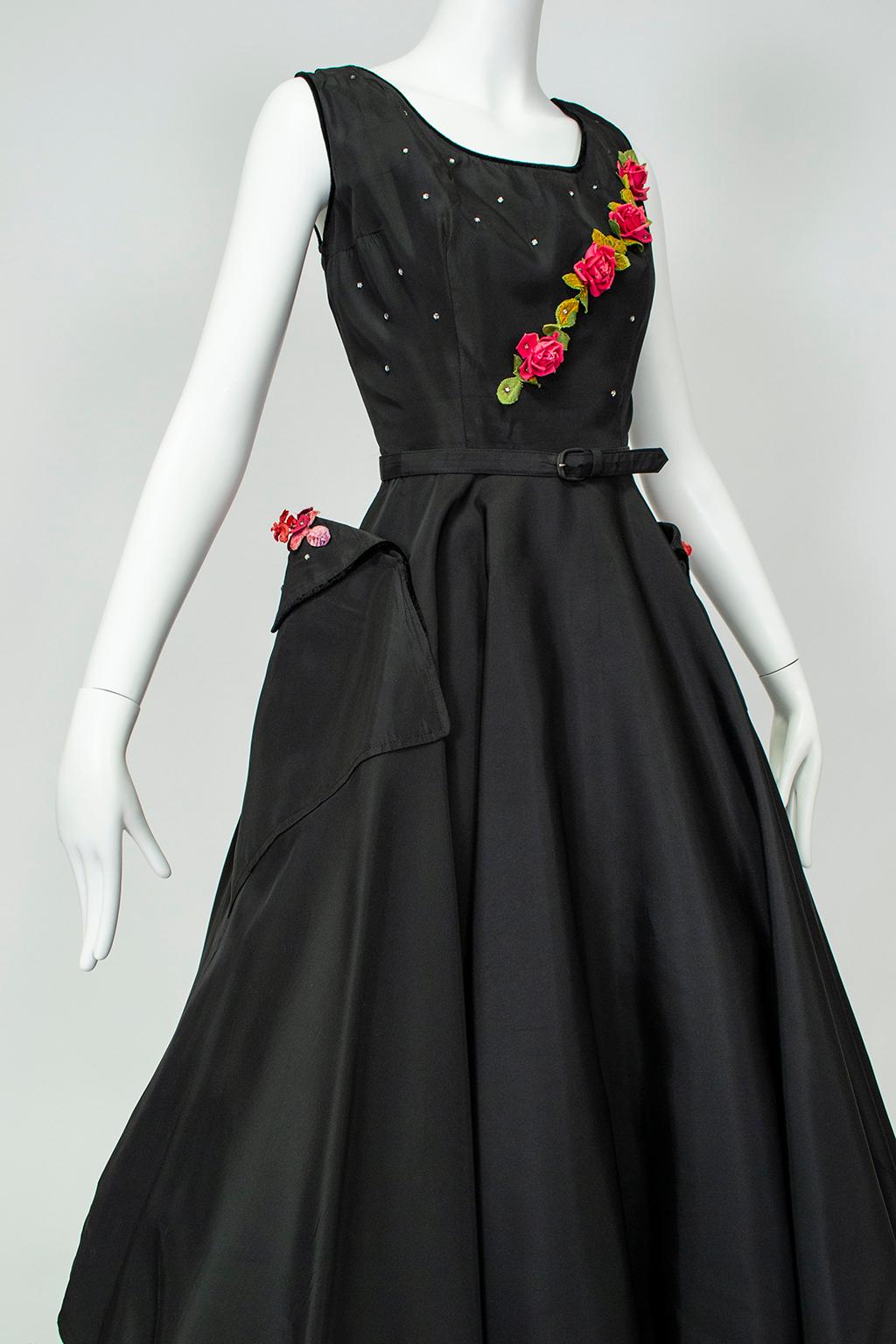 Robe de ballerine à poches en rose noir et fuchsia et en strass -L, années 1950 Pour femmes en vente