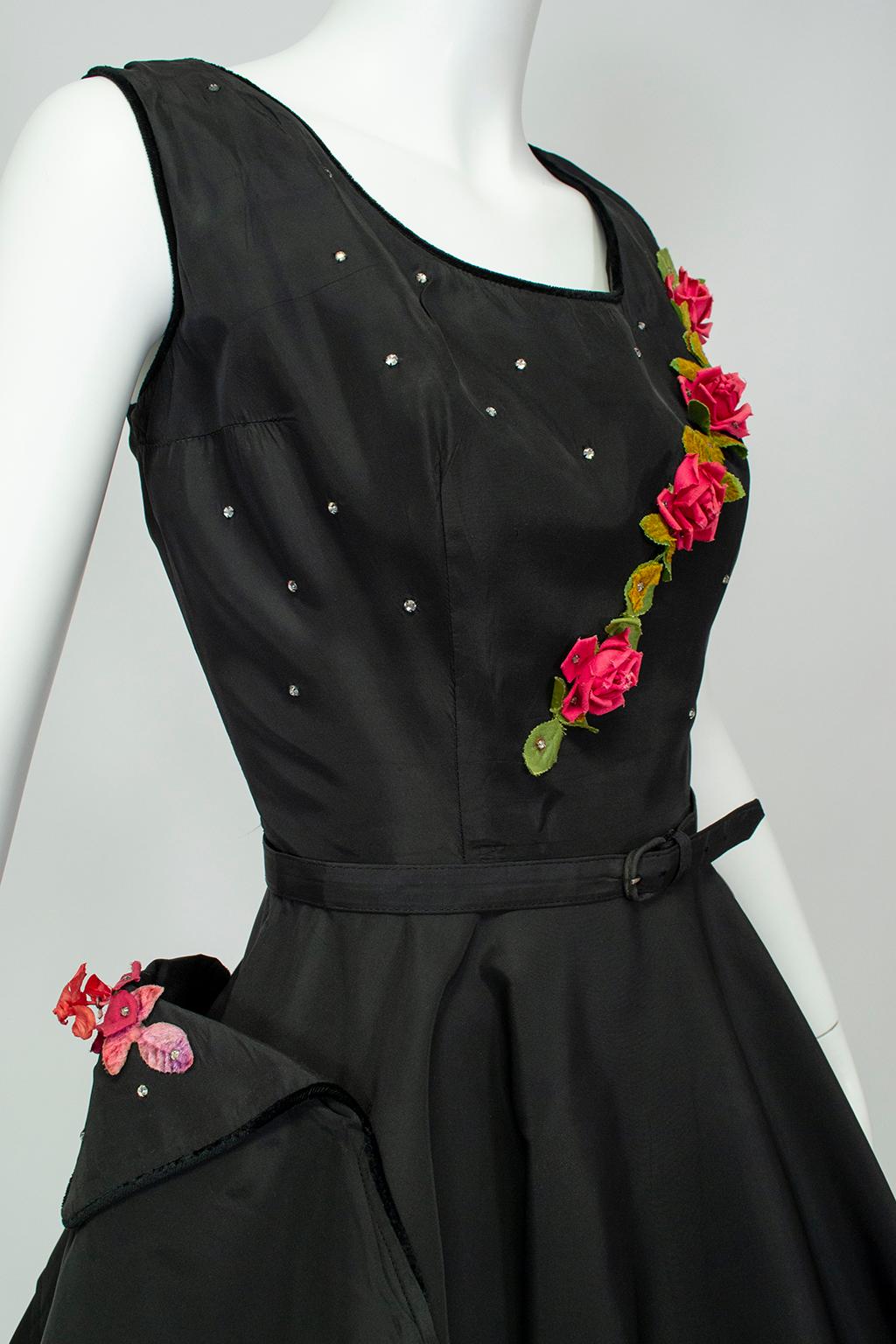 Women's Black and Fuchsia Rosebud and Rhinestone Yawn-Pocket Ballerina Dress –L, 1950s For Sale