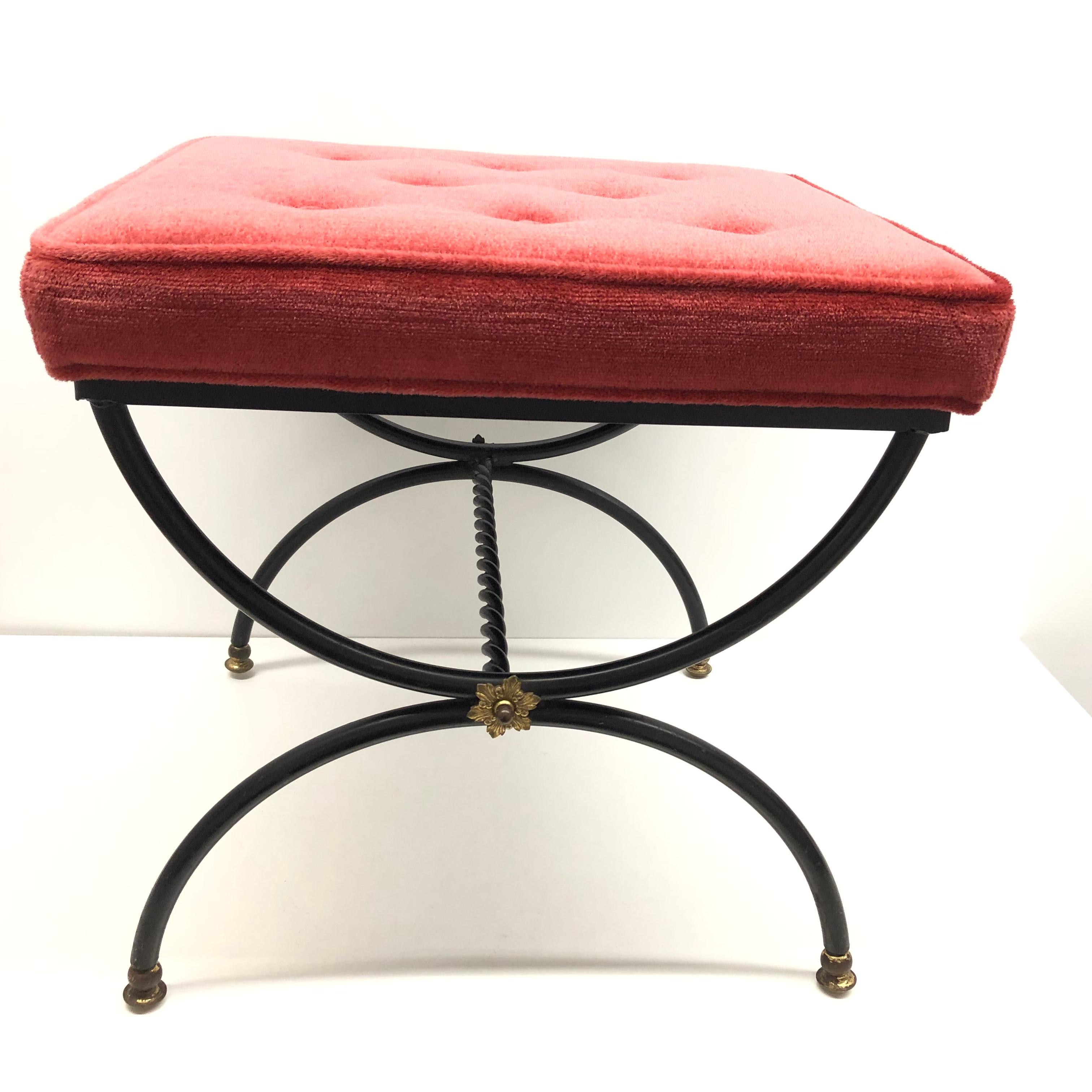 Classic 1950s iron and red velvet cushion stool. Nice addition to your room, entry hall or vanity room. Made of metal and a red velvet cushion. Found at an estate sale in Vienna, Austria.